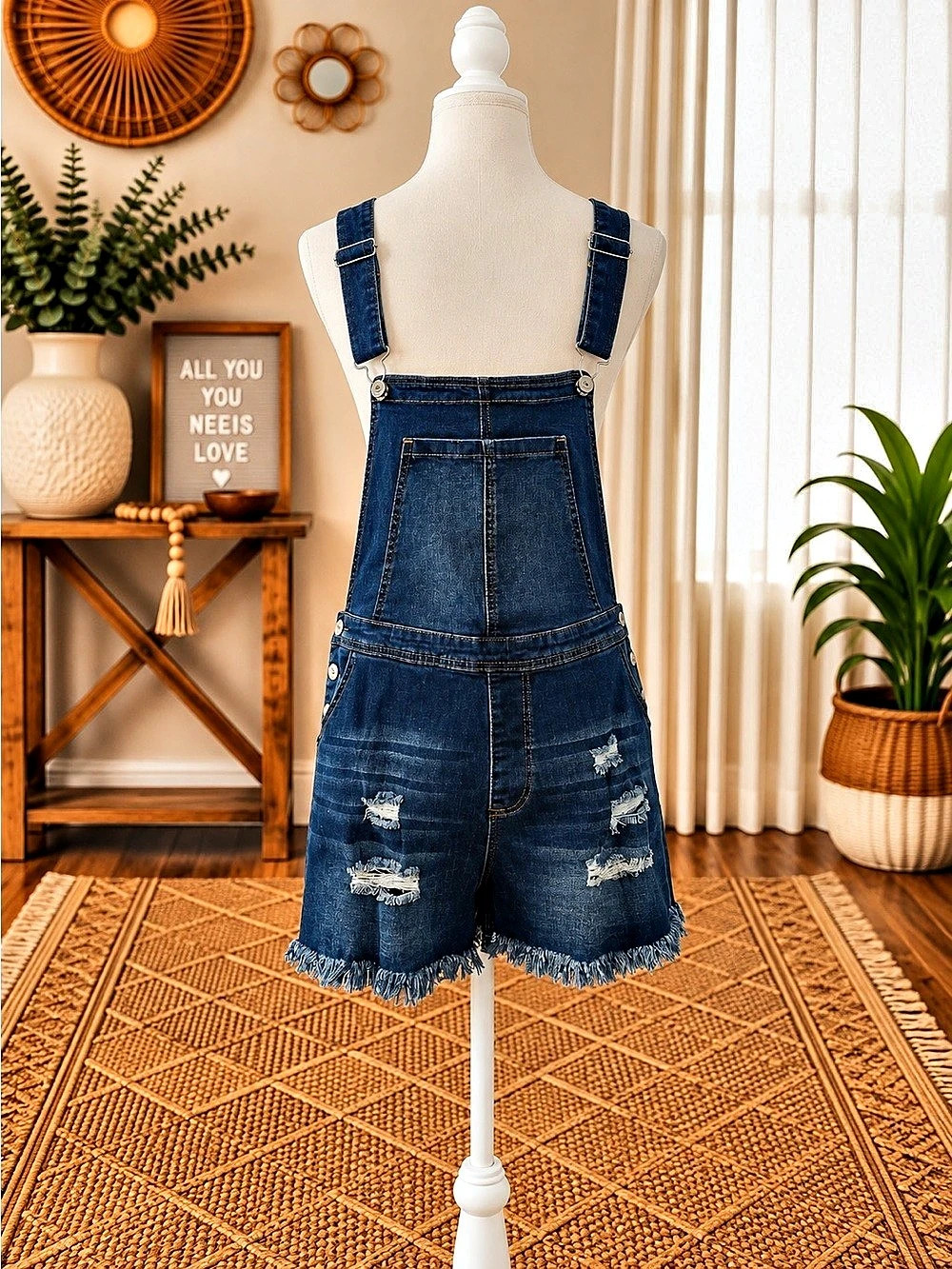 Women's Distressed Denim Short Overalls in Blue
